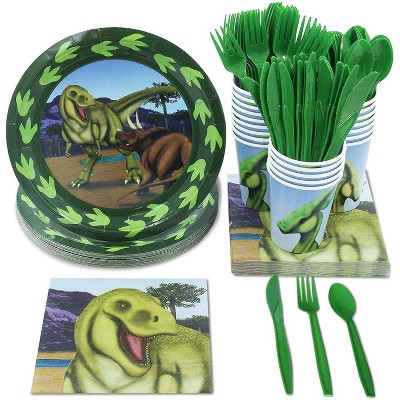 Juvale Dinosaur Party Supplies – Serves 24 Dino Paper Plates, Napkin, Cups, Cutlery, Perfect for Kids Birthday, Baby Shower Decorations