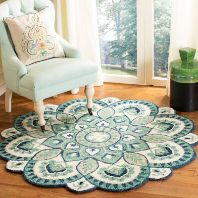 Handmade Round Blue Floral Wool Tufted Rug