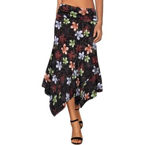 Women's Flowy Handkerchief Hem Midi Skirt - Asymmetric Boho Chic A-Line Skirt Black Floral Black Floral - 1 of 4
