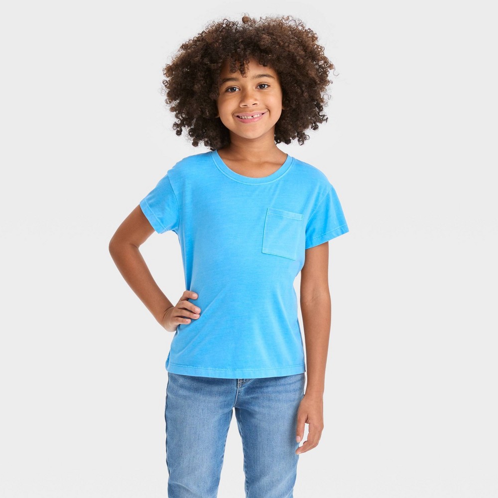  Case Of 12 Pack Girls' Short Sleeve Relaxed Fit Pocket T-Shirt - Cat & Jack™ Bright Blue L Size 10/12