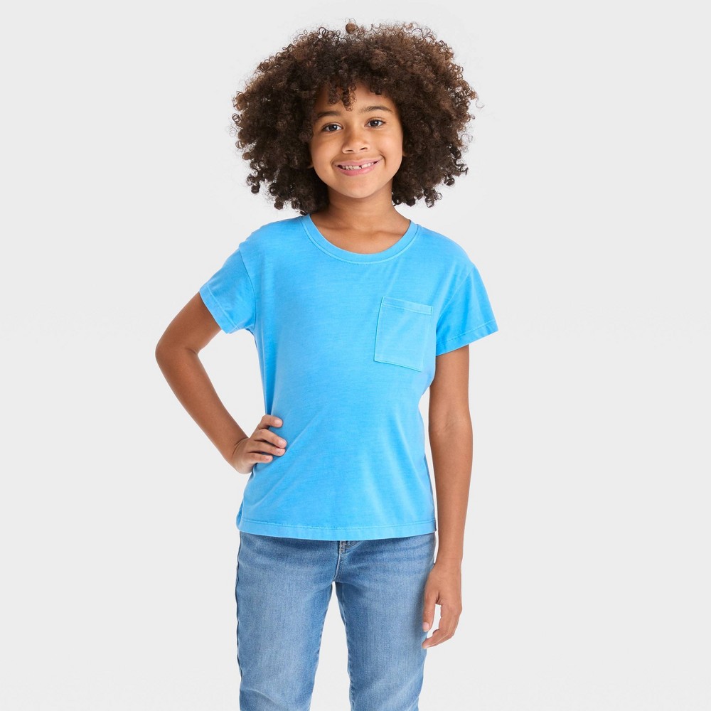 Case Of 12 Pack  Girls' Short Sleeve Relaxed Fit Pocket T-Shirt - Cat & Jack™ Bright Blue Size M 8 