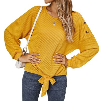 Anna-Kaci Women's Long Sleeve Waffle Knit Pullover Top with Shoulder Button Detail and Front Tie Hem