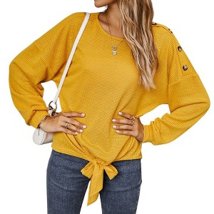 Anna-Kaci Women's Long Sleeve Waffle Knit Pullover Top with Shoulder Button Detail and Front Tie Hem - 1 of 4