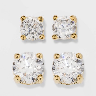 Gold Over Sterling Silver Round Cubic Zirconia Stud Fine Jewelry Earring Set 2pc - A New Day™ Gold/Clear