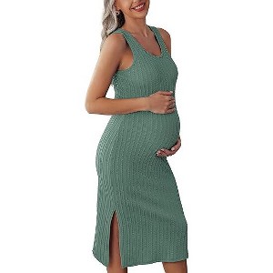 Ekouaer Women's Maternity Dress Rib Knit Sleeveless Tank Side Slit Bodycon Dresses Pregnancy Clothes - 1 of 3