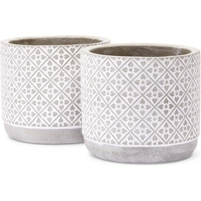 Juvale 2 Pack Cement Planter Pots for Indoors & Outdoors, Flower Pattern, Grey, 4.8 in.