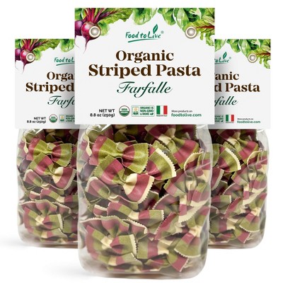 Organic Striped Farfalle Pasta - Italian Artisan Tri-Color Bow-Tie Pasta. Non-GMO, Vegan, Made with Semolina, Beet and Spinach.