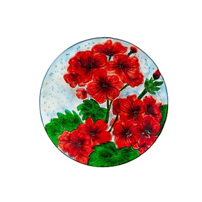 18" Hand Painted and Embossed Pebble Glass Bird Bath, Geranium