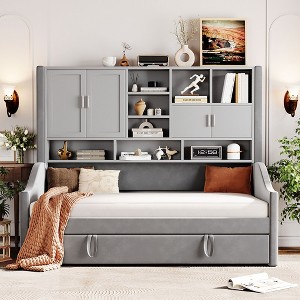 Twin Size Upholstered Daybed with Pull-Out Lift-Up Twin Trundle, LED Armrest Lights, Storage Shelves & Cabinets, Velvet - ModernLuxe - 1 of 4