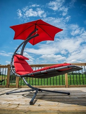 84” Red Outdoor Lounge Chair with Overhanging Umbrella