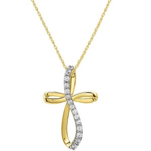 GILDED 1/4 cttw Twist Cross Pendant-Necklace in 10KT Yellow Gold or 14K Yellow Gold Plated over Sterling Silver, Natural Round-Cut Diamond, 18" Chain - 1 of 4