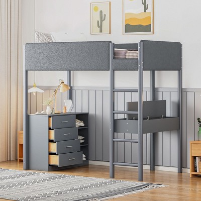 NicBex Full Size Loft Bed with Desk Pine Bed Frame with Shelves, Drawers, Ladder and Full Length Guardrail, No Box Spring Required