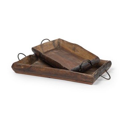 HomeRoots Set of Two Brown Rectangular Wood Indoor Outdoor Serving Tray With Handles