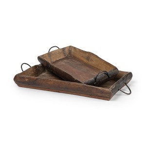 HomeRoots Set of Two Brown Rectangular Wood Indoor Outdoor Serving Tray With Handles - 1 of 4