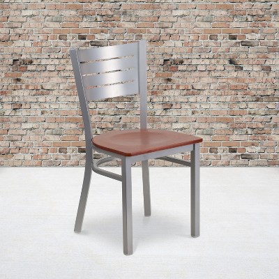 Elegant Silver and Cherry Wood Slat Back Metal Side Chair