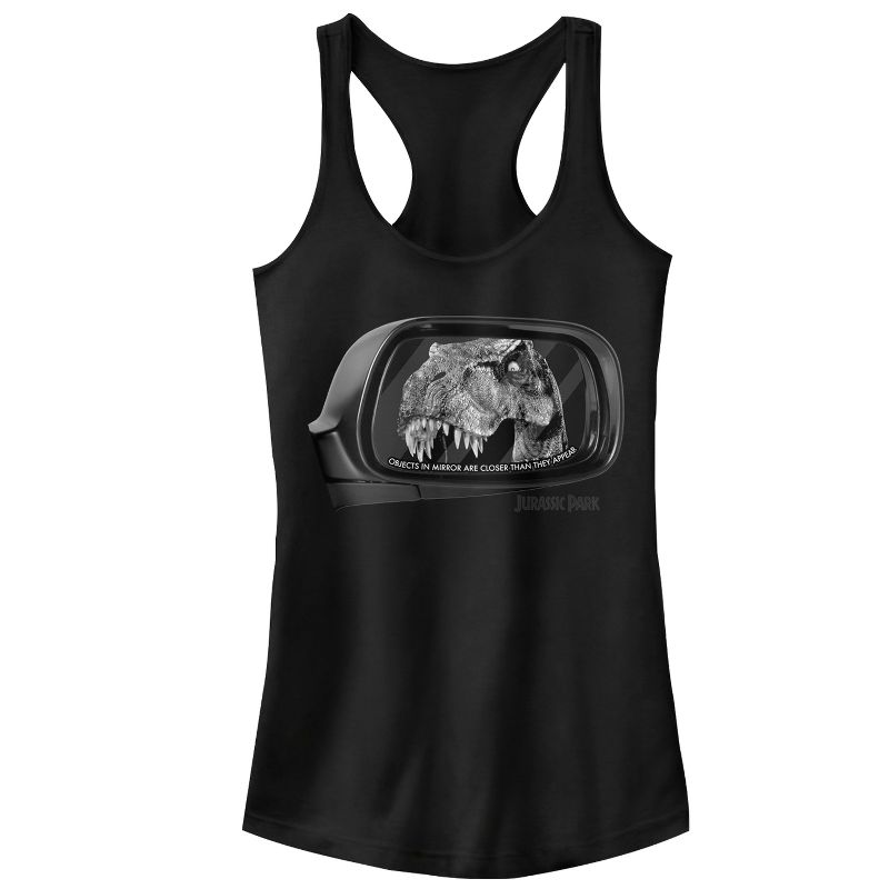 Juniors Womens Jurassic Park T. Rex In Rearview Mirror, Objects Are Closer Racerback Tank Top, 1 of 5
