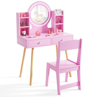 Infans Kids Vanity Set Princess Vanity Desk Set with 2-Color LED Lighted Acrylic Mirror