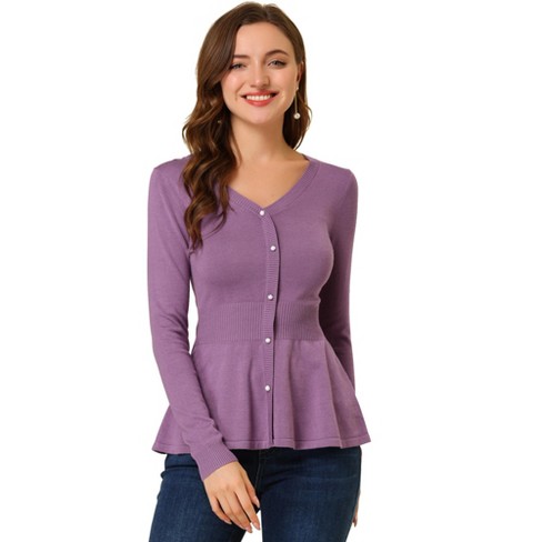 Allegra K Women's Slim Fit V Neck Long Sleeve Ribbed Pullover Knitted  Peplum Top Purple X-Large