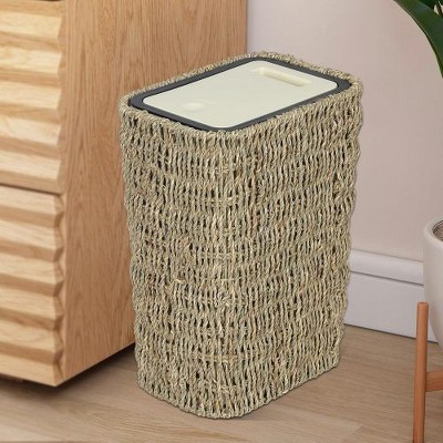 LunaLulinlk Boho Trash Can with Lid,2.6Gallon Small Rattan Trash Can with Press Top Lid,Slim Wicker Waste Basket and Hamper 2 in 1 for Bathroom