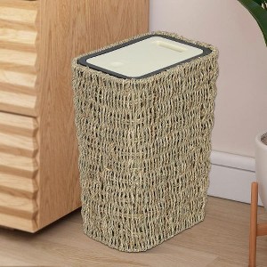 LunaLulinlk Boho Trash Can with Lid,2.6Gallon Small Rattan Trash Can with Press Top Lid,Slim Wicker Waste Basket and Hamper 2 in 1 for Bathroom - 1 of 4