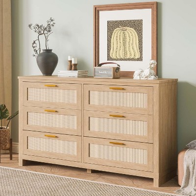 Jojoka 6-Drawer Rattan Dresser – Boho Modern Wood Chest with Ample Storage for Bedroom, Closet & Living Room