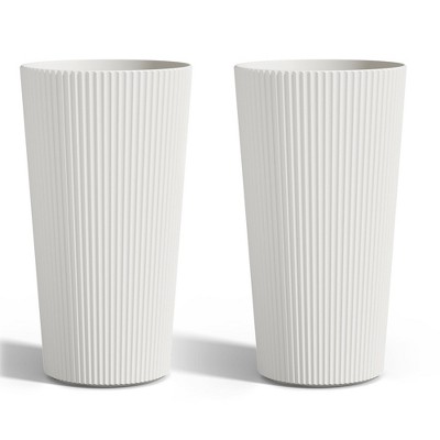 Maggift Tall Planters with Drainage, 2PCS Indoor Planter Pot Outdoor, Large Flower Pot  Conical Striped Plastic Flower Pot , White 13"*13"*23.6"
