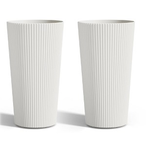 Maggift Tall Planters with Drainage, 2PCS Indoor Planter Pot Outdoor, Large Flower Pot  Conical Striped Plastic Flower Pot , White 13"*13"*23.6" - 1 of 4