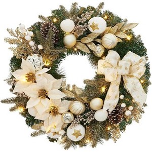 Coucheta 24 Inch Pre-Lit Christmas Wreath - Battery Operated Lighted Xmas Door Wreath with Ball Ornaments for Fireplace Decor, White - 1 of 4