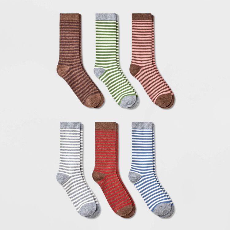 Six pairs of striped socks in brown, green, pink, gray, red, and blue colors arranged in two rows on a white background.