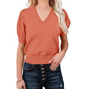 Clearlove Women's V Neck Puff Sleeve Short Sleeve Knit Top Lightweight Solid Color Basic Casual Pullover Shirt Sweater - 1 of 4