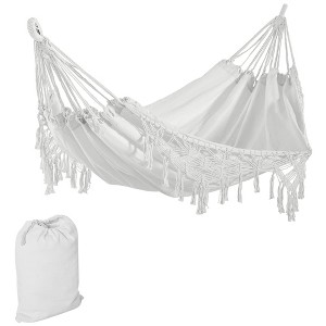 Outsunny Extra Large Boho Hammock with Macrame Tassel Fringe, Includes Carrying Bag, Indoor Outdoor Tree Hammock for Porch, Backyard, Camping, White - 1 of 4
