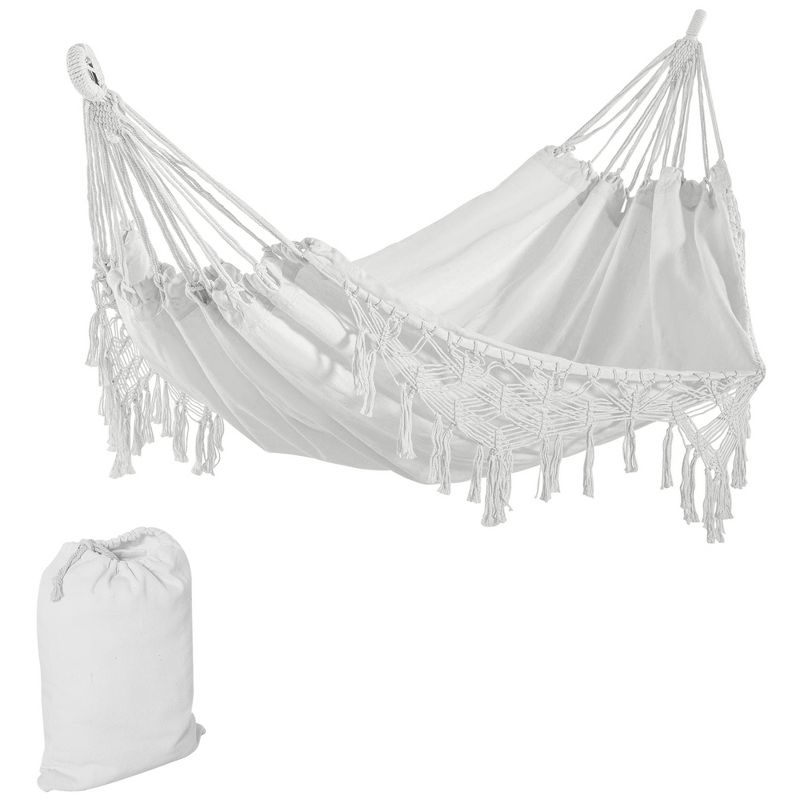 Outsunny Extra Large Boho Hammock with Macrame Tassel Fringe, Includes Carrying Bag, Indoor Outdoor Tree Hammock for Porch, Backyard, Camping, White, 1 of 9