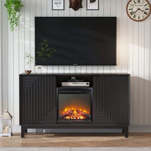 SAINTCY 58 inch Fireplace TV Stand with Unique Z-Shaped Door, Mid Century Modern TV Stand with 18" Electric Fireplace Insert, Fireplace TV Cabinet - 1 of 4