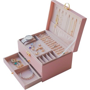 2-Drawer, 3-Tier Jewelry Organizer with Gold Key, White PU Leather and Velvet Lining - 1 of 4