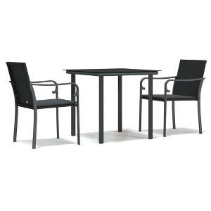 vidaXL Patio Dining Set Table and Chair with Cushions Poly Rattan and Steel - Black 31.5" Table Length 2 Items - 1 of 4