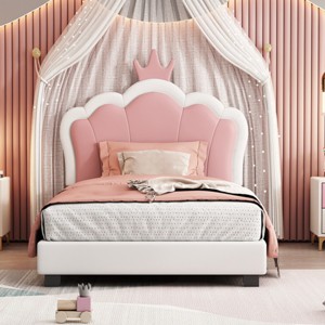 Upholstered Princess Bed with Crown Headboard, PU Leather Frame Bed for Kids Bedroom-Baofuwish - 1 of 4