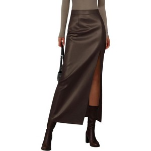 Women's 2025 Faux Leather Pencil Skirt - High Waist Slit Maxi for Office & Winter Fashion Brown - 1 of 4