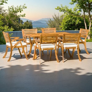 7-Piece Outdoor Acacia Wood Dining Set with Rectangular Table and 6 Cushioned Chair - 1 of 4