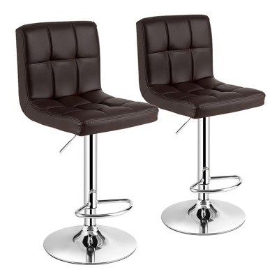 Costway Set Of 2 Adjustable Bar Stools, Brown Leather Swivel Bar Stools With Back