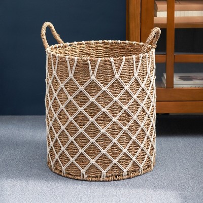 Round Water Hyacinth Woven Basket with Handles - 15" x 15" x 18.5" - Natural Brown