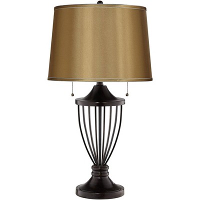 Barnes and Ivy Table Lamp Open Urn Bronze Iron Medium Gold Satin Drum Shade for Living Room Bedroom Bedside Nightstand Office