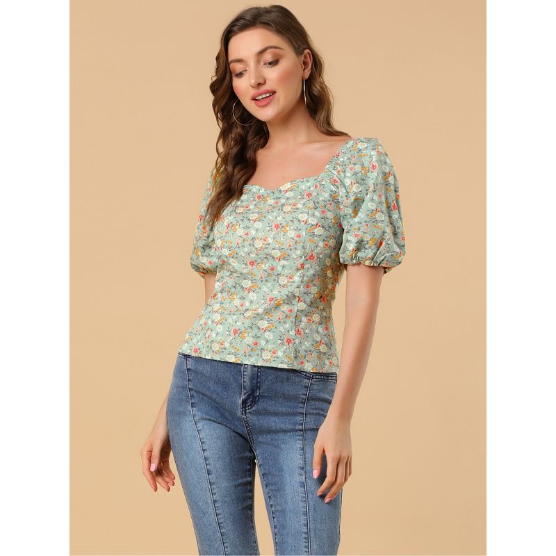 Allegra K Women's Puff Sleeve Square Neck Peasant Floral Blouse, 4 of 7