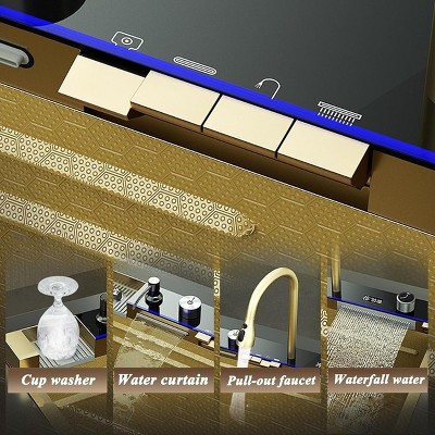 Gold Stainless Steel Single Basin Waterfall Kitchen Sink with Digital Display