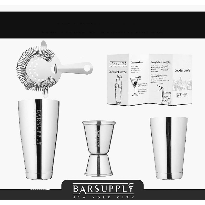 Bar Supply NYC Boston Cocktail Professional  Shaker Set,4-Piece Bar Set, Stainless Steel, Shaker Tins,Hawthorne Strainer,Double Sided Jigger, 2 of 10