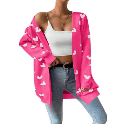 Coolmee Women's Fall Winter Long Sleeves Open Front Heart Print Knitted Sweater Cardigan Coat Outwear