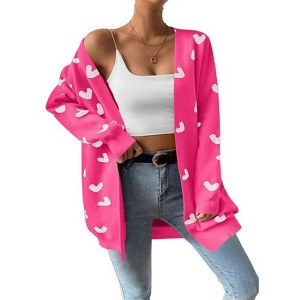 Coolmee Women's Fall Winter Long Sleeves Open Front Heart Print Knitted Sweater Cardigan Coat Outwear - 1 of 4