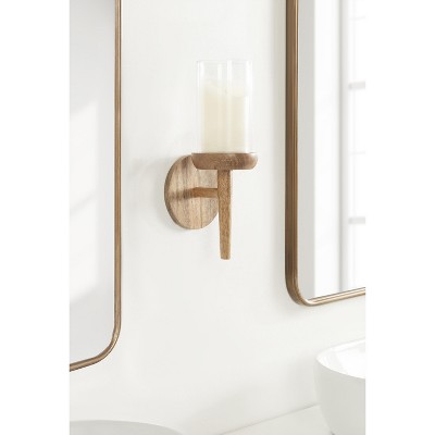Natural Mango Wood and Glass Wall Sconce, 5x5x13