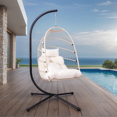 Outdoor Patio Egg Hanging Chair with Stand,Oversized Wicker Swing Chair with Cushions,Indoor Hammock Chair for Backyard Porch-Coolbibila
