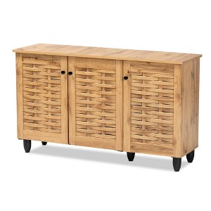 Winda Wood 3 Door Shoe Cabinet Oak Brown/Black - Baxton Studio: Contemporary Design, 6 Shelves, Air Circulation - 1 of 4