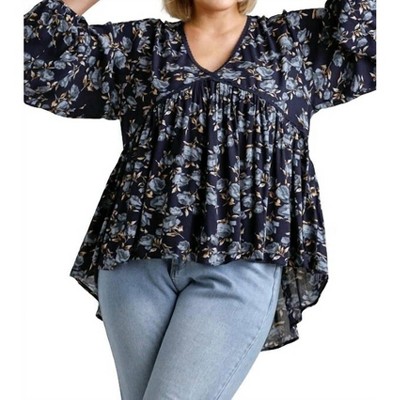 Women's Floral Lace Trim High Low Babydoll Top - Plus - umgee